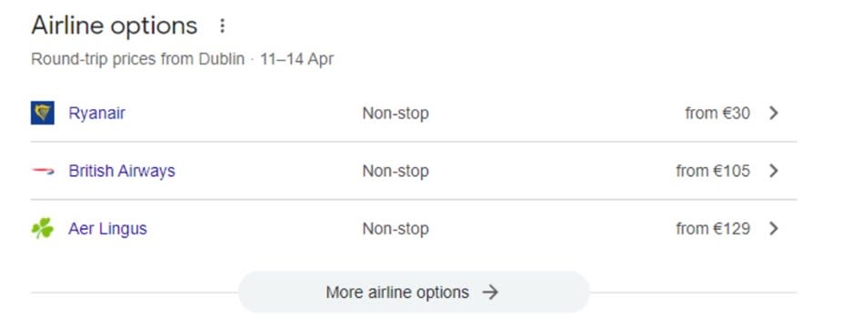 Airline Options, screenshot