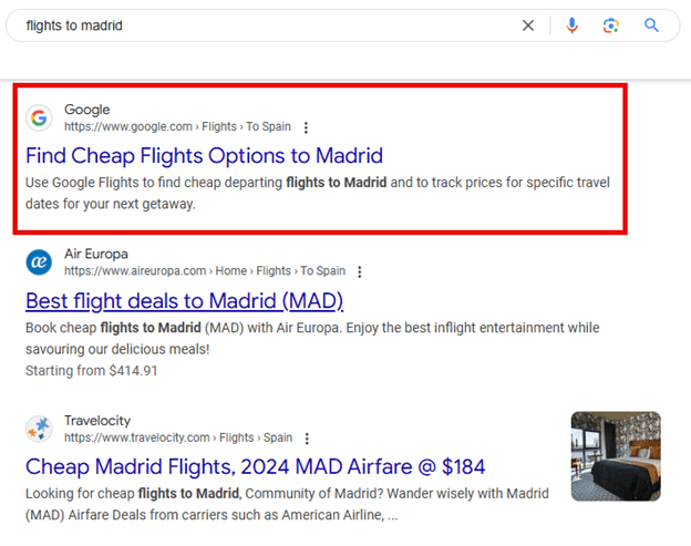 A flight page from Google Flights shows up in search results for the query “flights to Madrid” screenshot