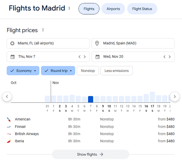 Google Flights SERP feature for the query “flights to Madrid” screenshot